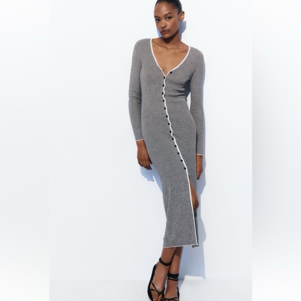 Zara Navy & White Stripe Long Sleeve V-Neck Midi Dress NWOT